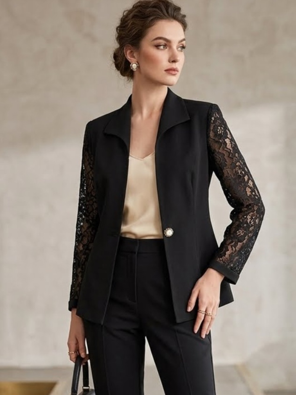 Lilli Ann 70s 80s Vintage Tailored Black Blazer Goth Lace Back & Sleeves Medium